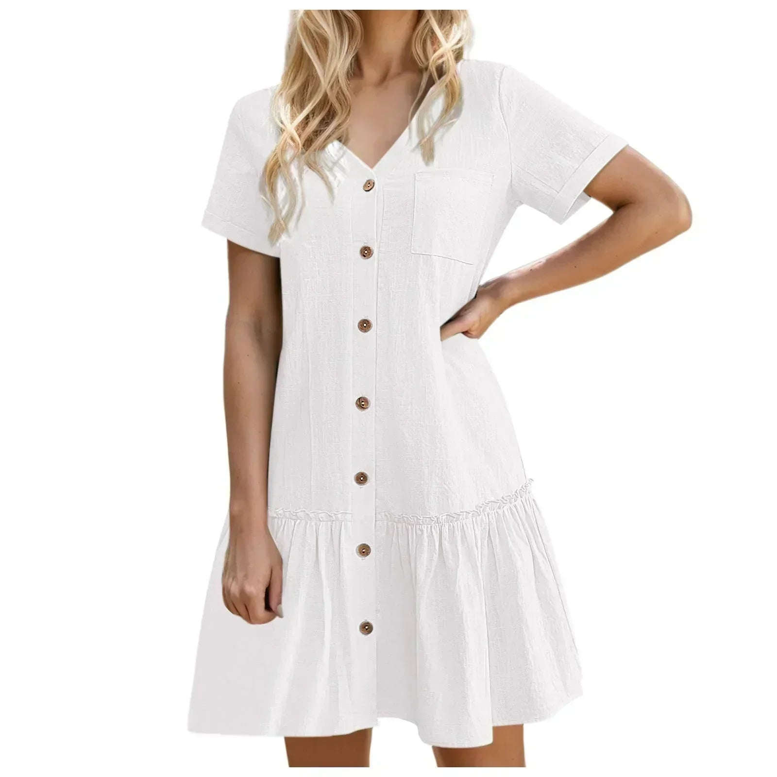 Vestido corto algodón lino con botones y volante casual verano
