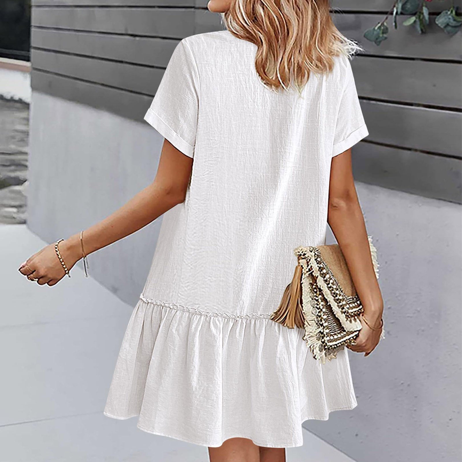 Vestido corto algodón lino con botones y volante casual verano