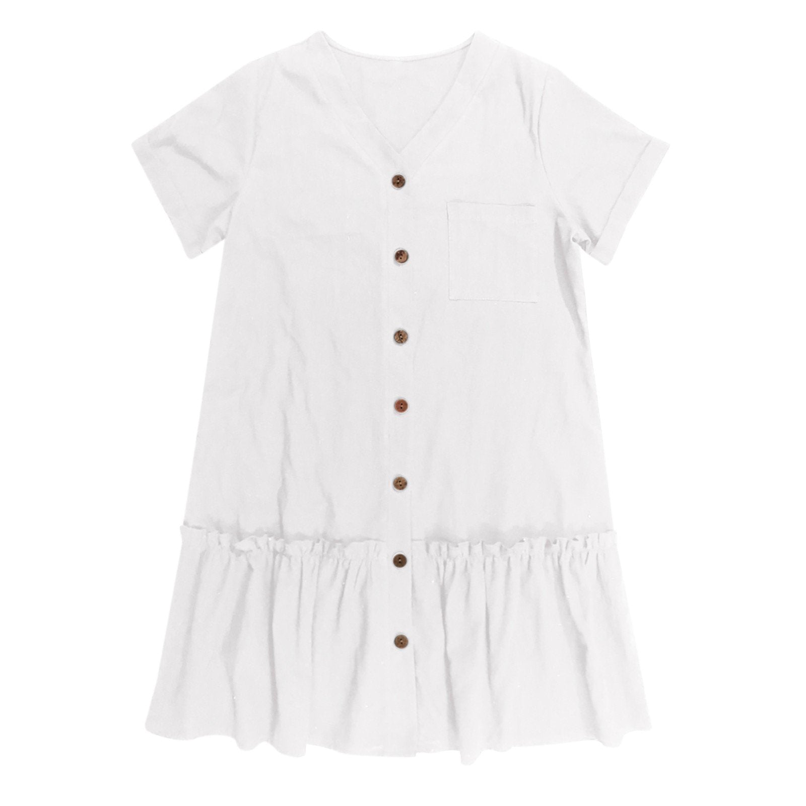 Vestido corto algodón lino con botones y volante casual verano