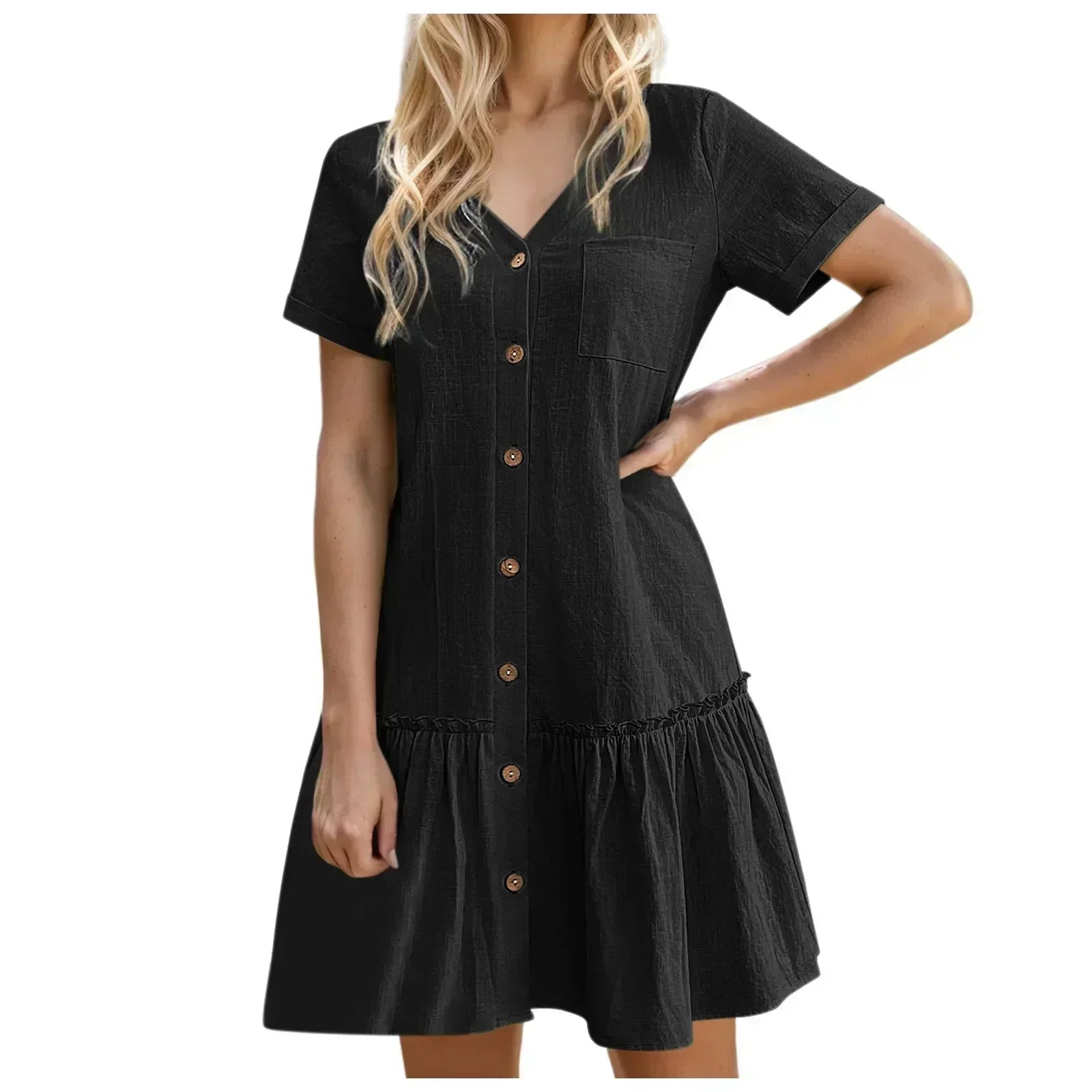 Vestido corto algodón lino con botones y volante casual verano