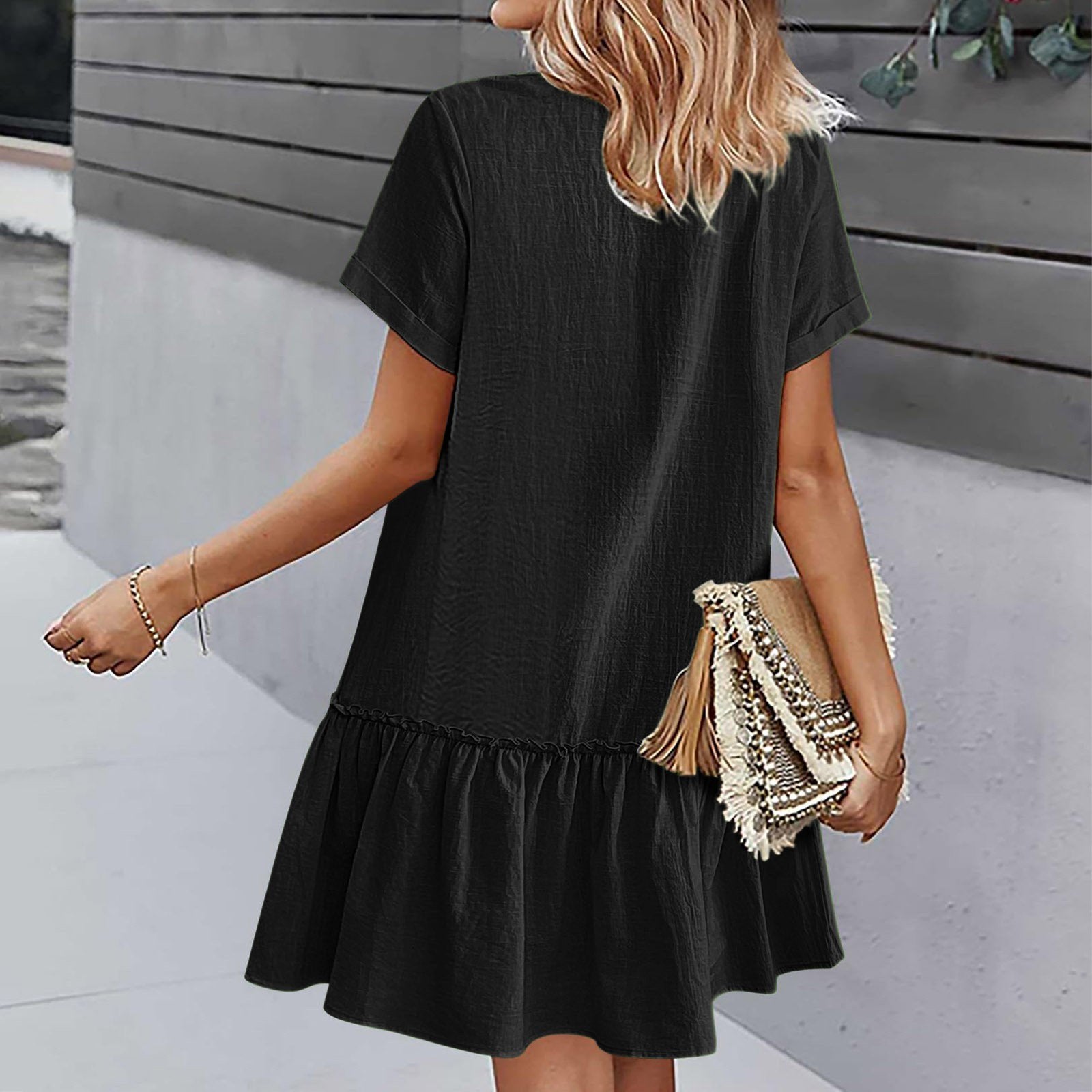 Vestido corto algodón lino con botones y volante casual verano