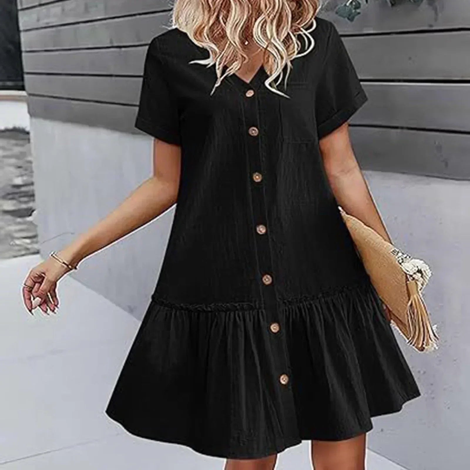 Vestido corto algodón lino con botones y volante casual verano
