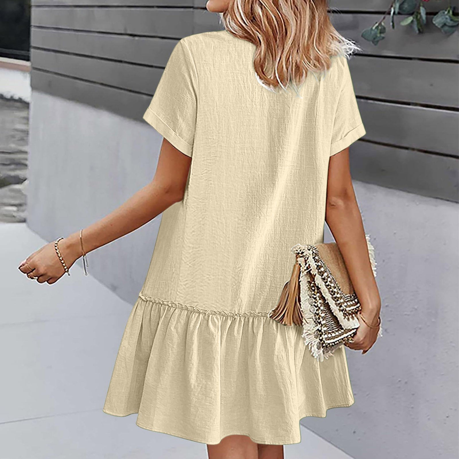 Vestido corto algodón lino con botones y volante casual verano