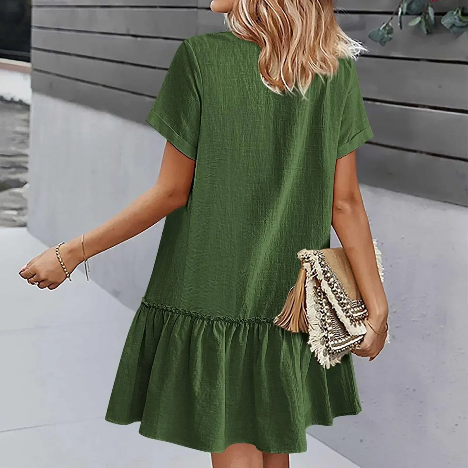 Vestido corto algodón lino con botones y volante casual verano