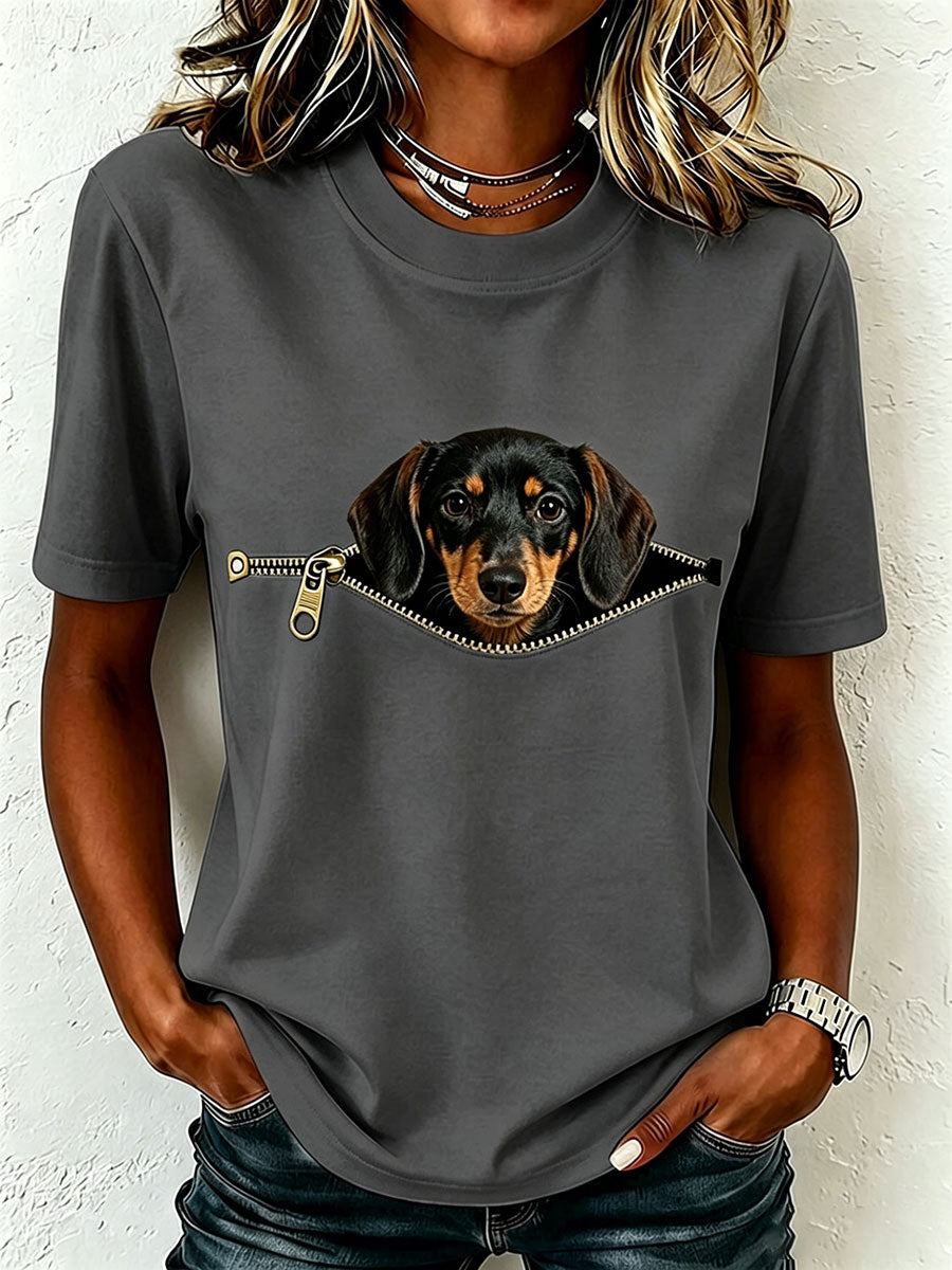 Camiseta de mujer con motivo de teckel y efecto cremallera