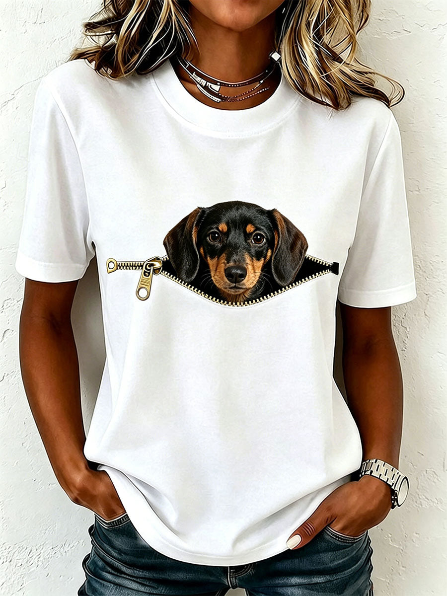 Camiseta de mujer con motivo de teckel y efecto cremallera