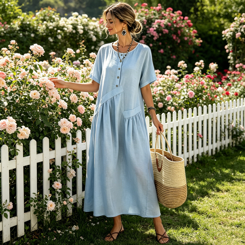 Vestido maxi mujer con botones efecto algodón-lino
