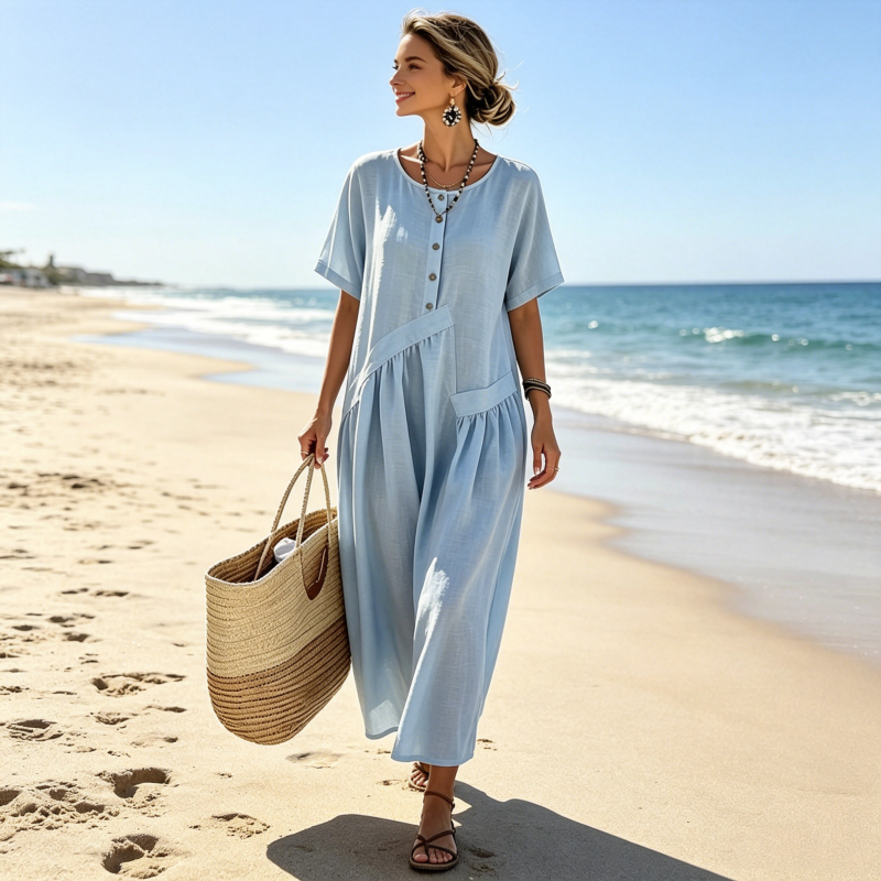 Vestido maxi mujer con botones efecto algodón-lino