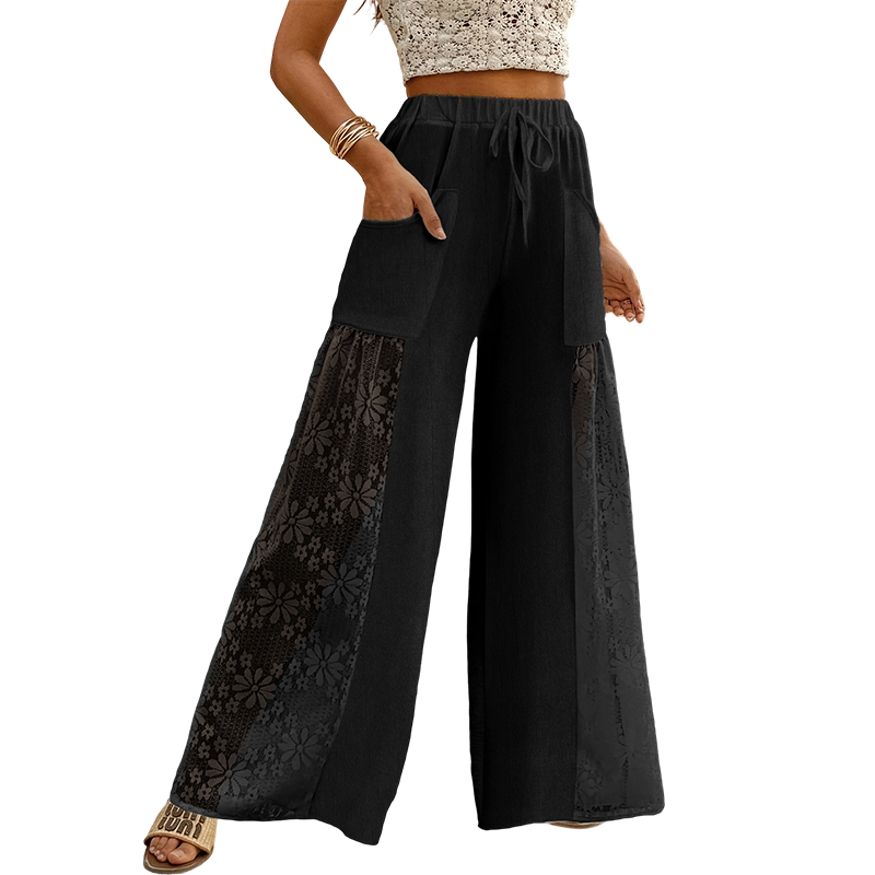 Pantalón mujer fluido con encaje floral y cordón ajustable