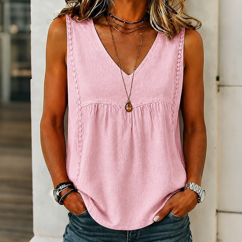 Camiseta sin mangas mujer algodón-lino con escote en V y encaje