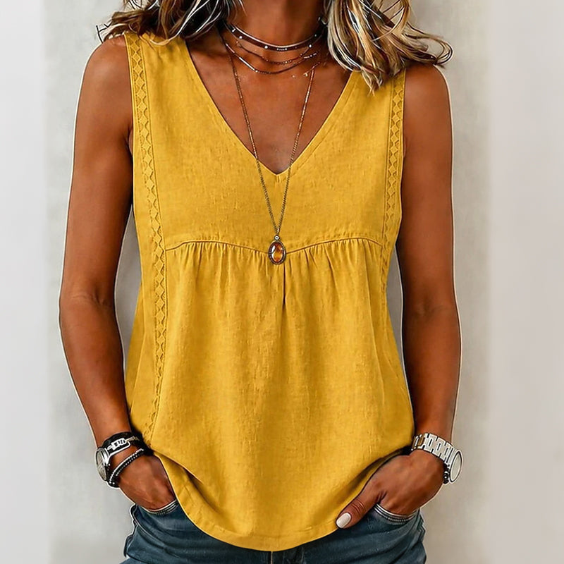 Camiseta sin mangas mujer algodón-lino con escote en V y encaje