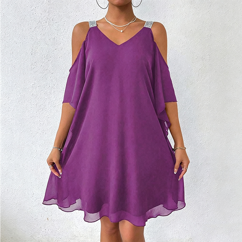 Vestido corto de mujer con hombros descubiertos y tirantes brillantes
