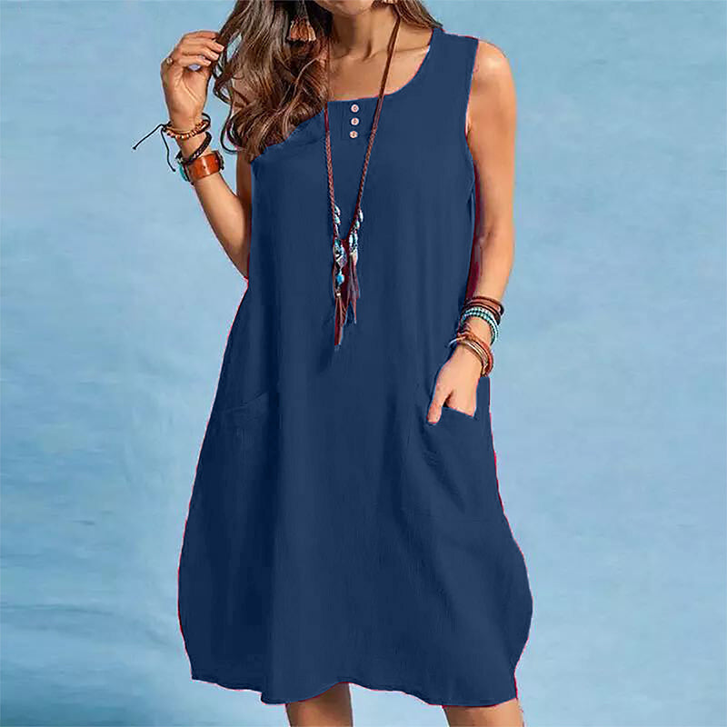 Vestido sin mangas de mujer en algodón y lino con bolsillos