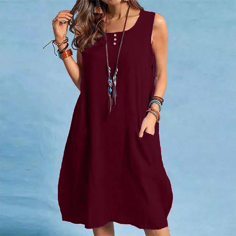 Vestido sin mangas de mujer en algodón y lino con bolsillos