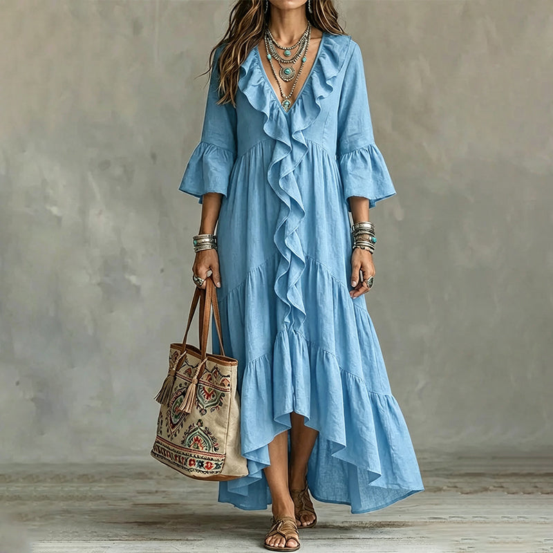 Vestido asimétrico para mujer con volantes y escote en V
