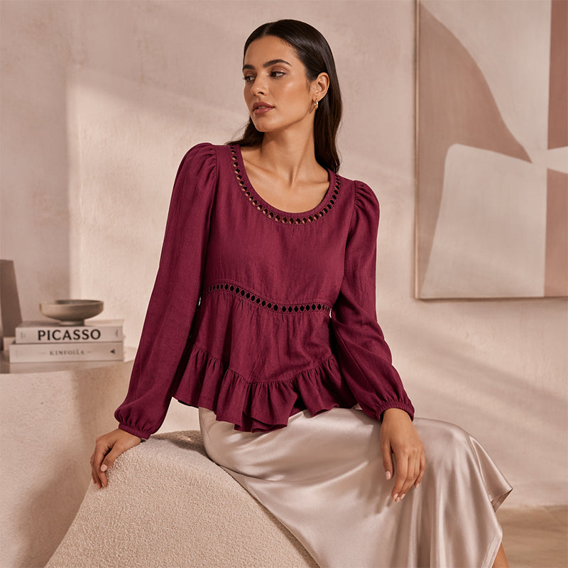Blusa elegante para mujer con mangas abullonadas y volantes