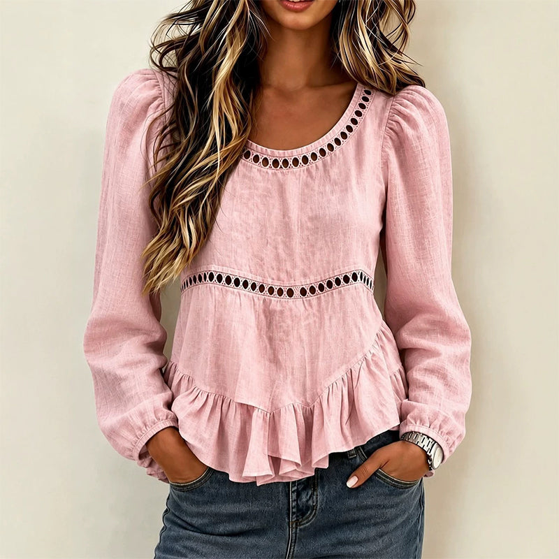 Blusa elegante para mujer con mangas abullonadas y volantes