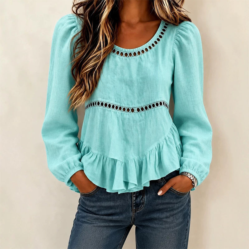 Blusa elegante para mujer con mangas abullonadas y volantes