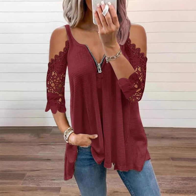 Top de mujer con hombros descubiertos, encaje y cremallera