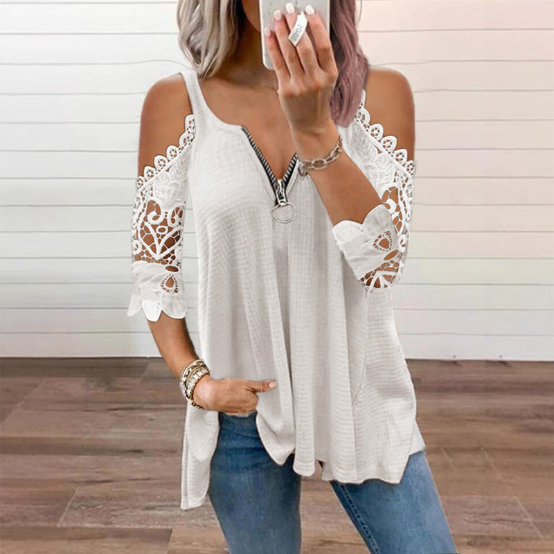 Top de mujer con hombros descubiertos, encaje y cremallera