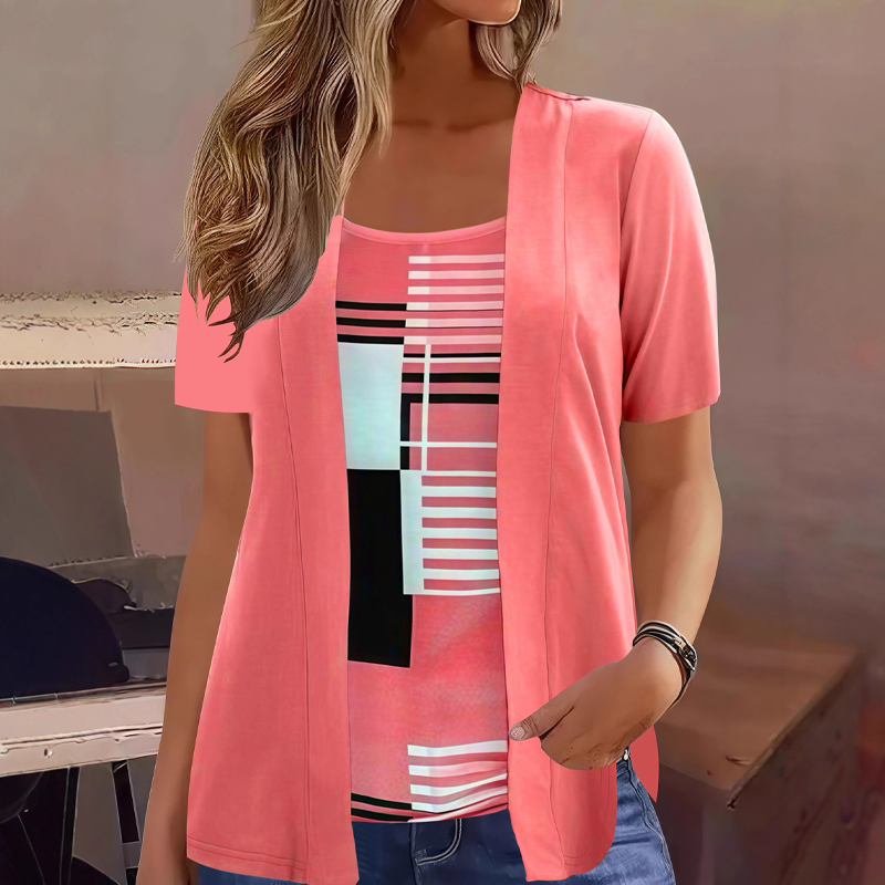 Camiseta mujer efecto superpuesto con estampado geométrico