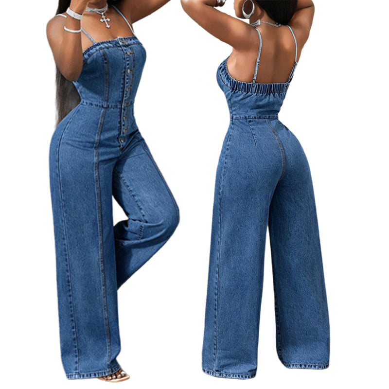 Mono denim mujer con tirantes finos y pierna ancha