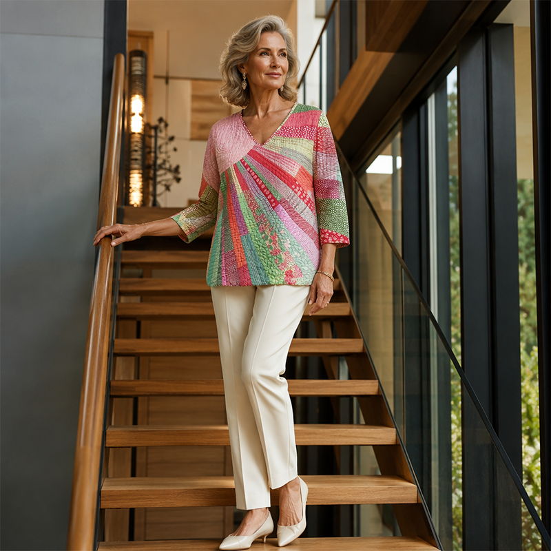 Blusa patchwork mujer con cuello en V y mangas 3/4