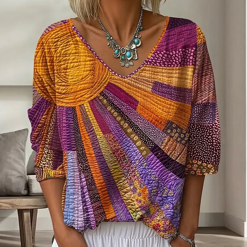 Blusa patchwork mujer con cuello en V y mangas 3/4