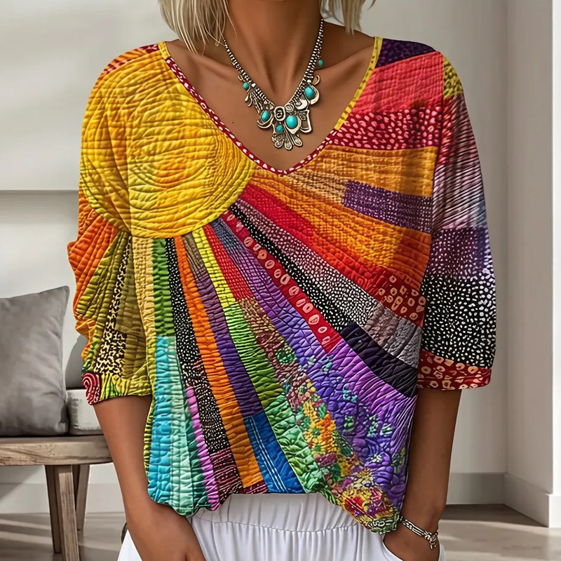 Blusa patchwork mujer con cuello en V y mangas 3/4
