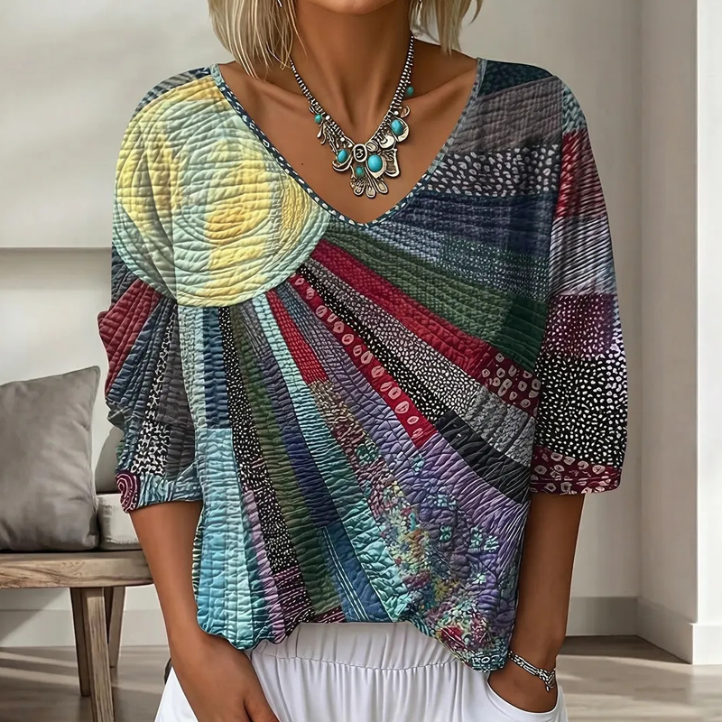 Blusa patchwork mujer con cuello en V y mangas 3/4