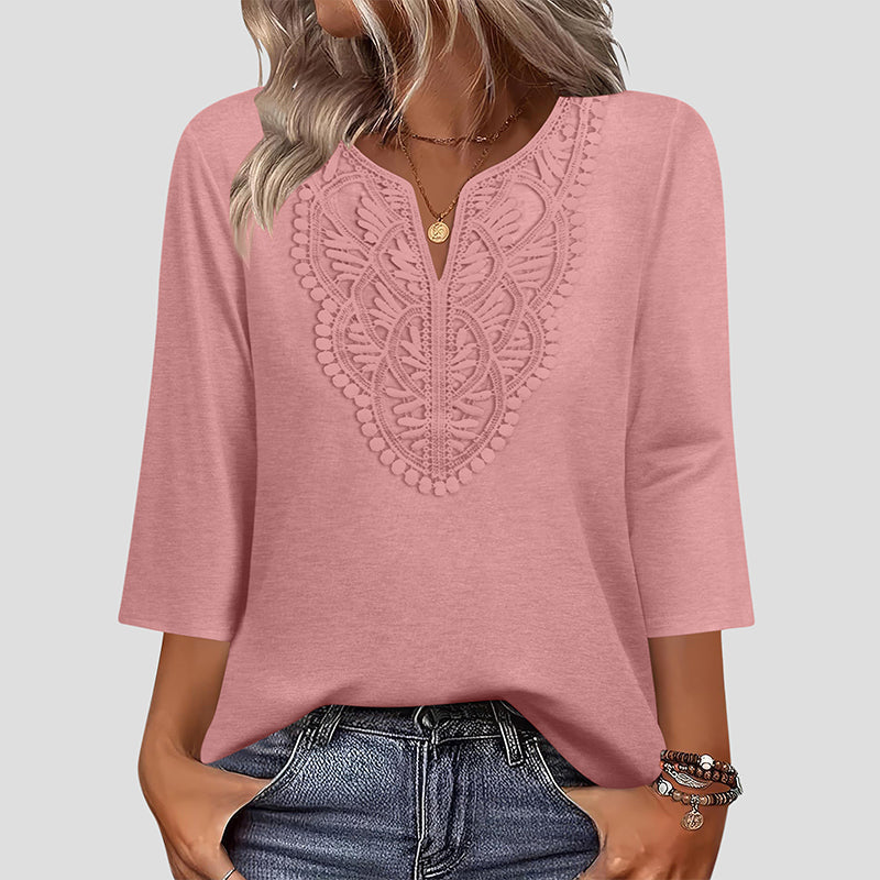Blusa túnica con escote de encaje para mujer y manga tres cuartos