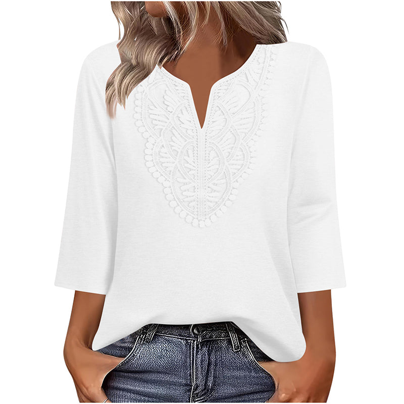 Blusa túnica con escote de encaje para mujer y manga tres cuartos