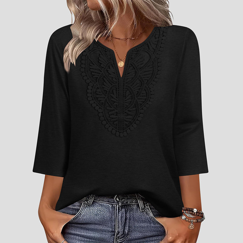 Blusa túnica con escote de encaje para mujer y manga tres cuartos