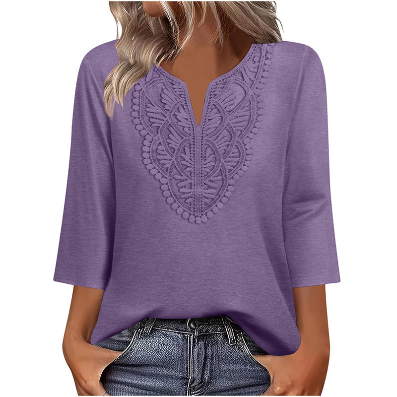 Blusa túnica con escote de encaje para mujer y manga tres cuartos