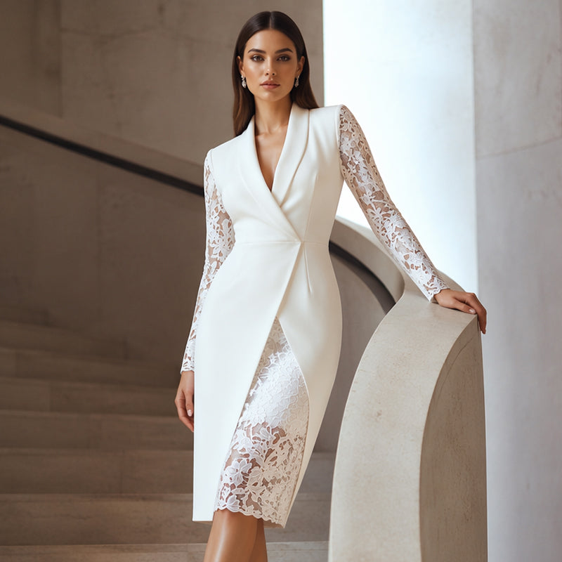 Vestido midi mujer con mangas de encaje y escote en V