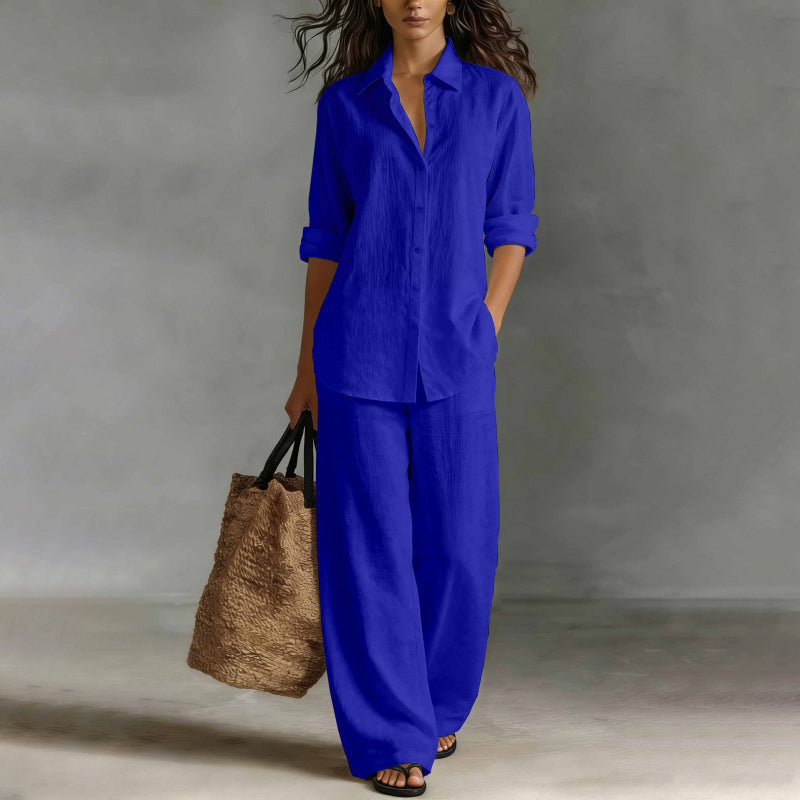 Conjunto mujer con camisa abotonada y pantalón ancho