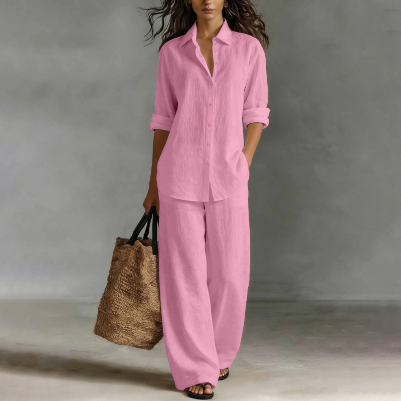 Conjunto mujer con camisa abotonada y pantalón ancho