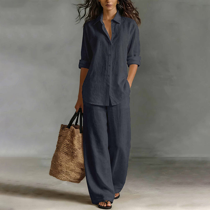 Conjunto mujer con camisa abotonada y pantalón ancho