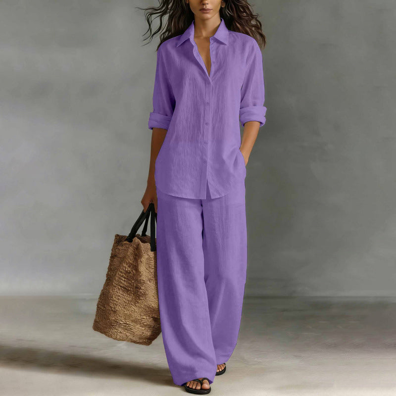 Conjunto mujer con camisa abotonada y pantalón ancho