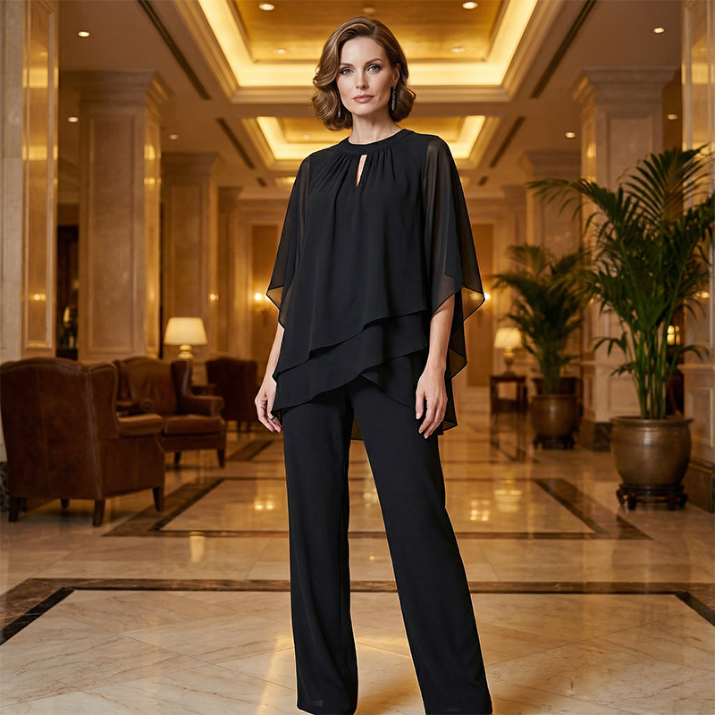 Conjunto elegante mujer con blusa asimétrica y pantalón ancho