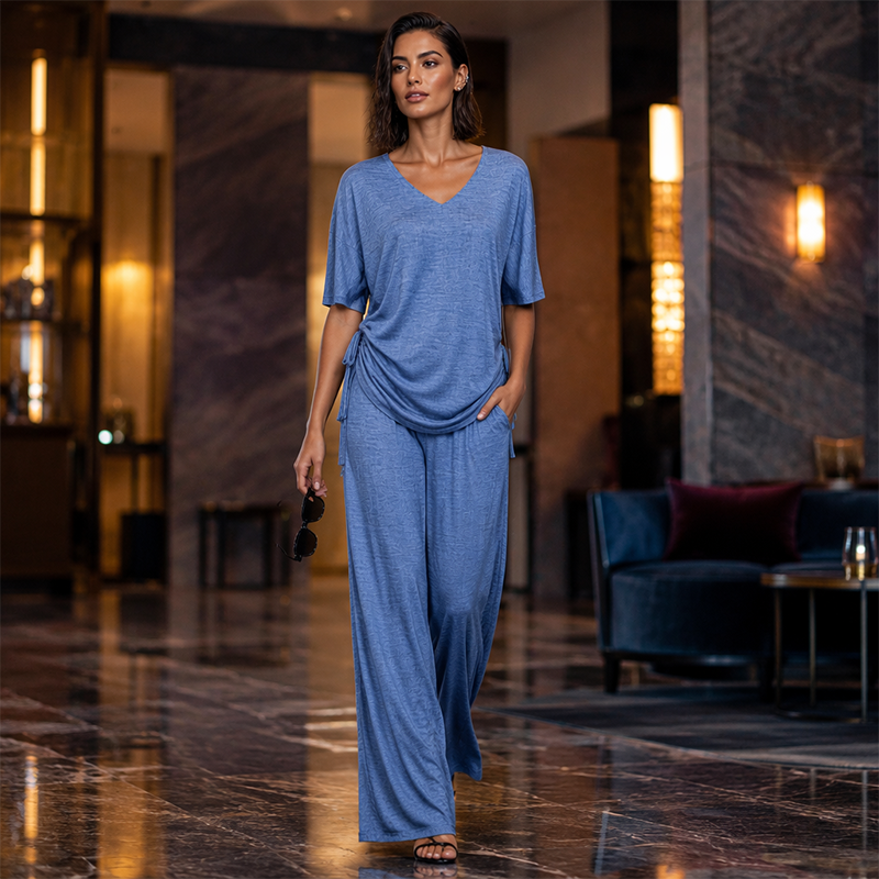 Conjunto mujer dos piezas con top ajustable y pantalón ancho