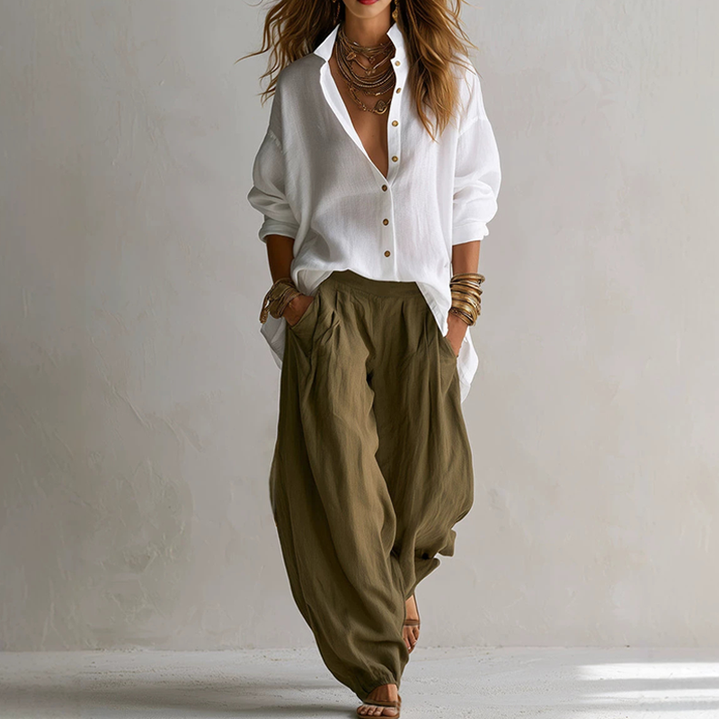 Conjunto mujer con camisa amplia y pantalón fluido