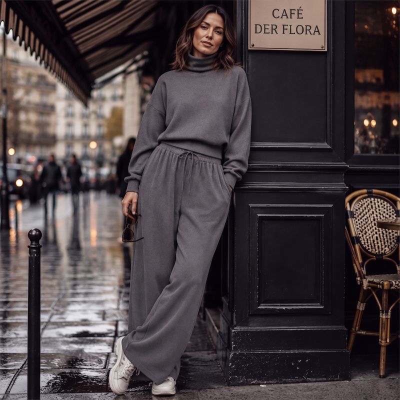 Conjunto mujer de dos piezas con cuello alto y pantalón ancho
