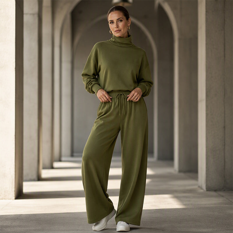 Conjunto mujer de dos piezas con cuello alto y pantalón ancho