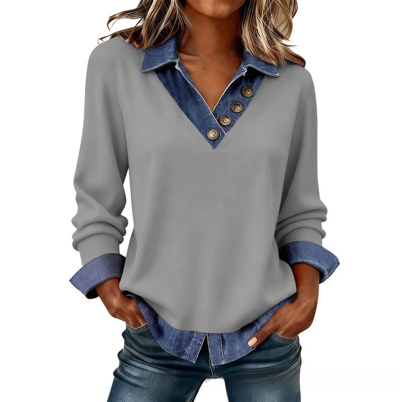 Blusa mujer efecto superpuesto con cuello denim y botones