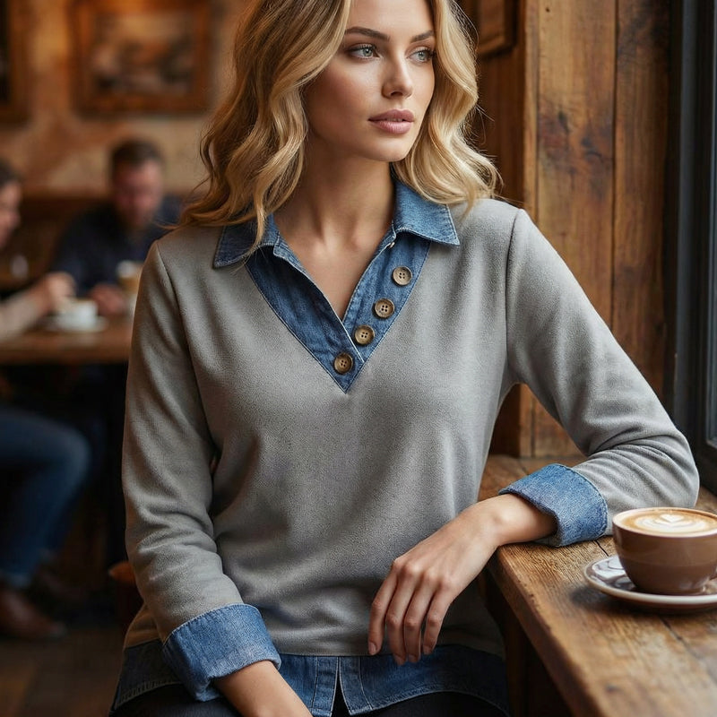 Blusa mujer efecto superpuesto con cuello denim y botones