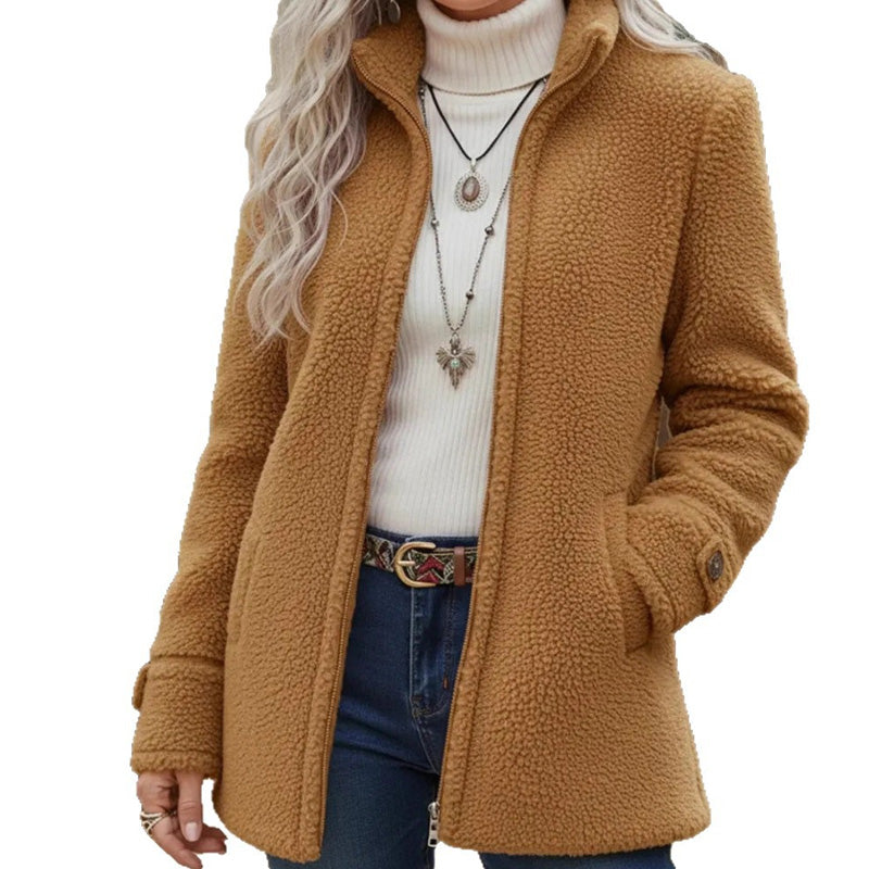 Chaqueta cálida con cuello alto y cremallera frontal para mujer
