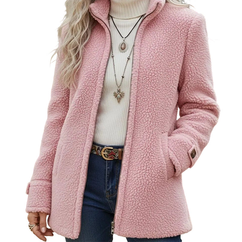 Chaqueta cálida con cuello alto y cremallera frontal para mujer