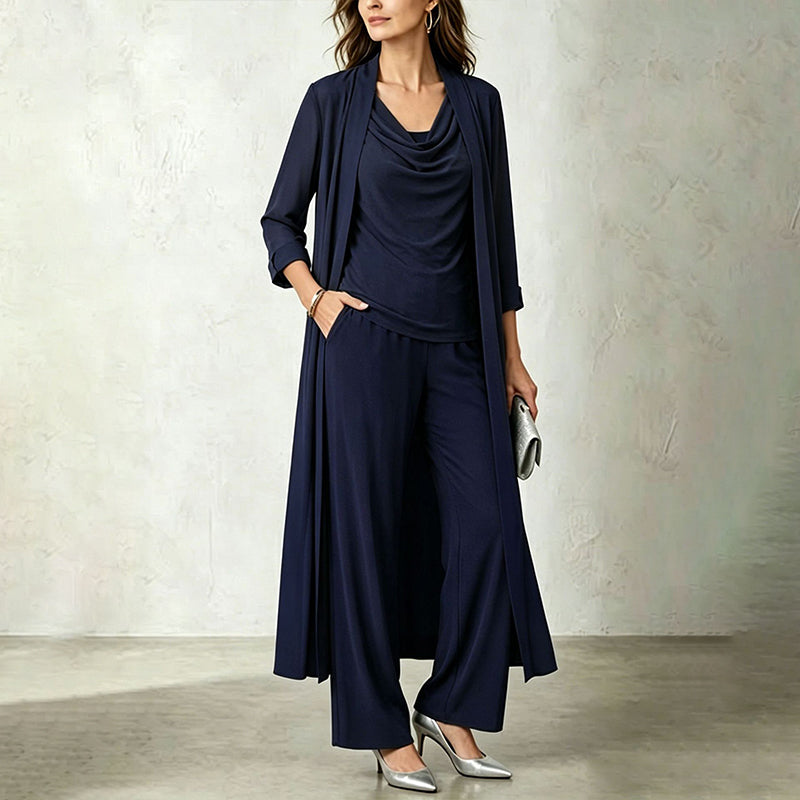 Conjunto de mujer de tres piezas con cárdigan largo y pantalón