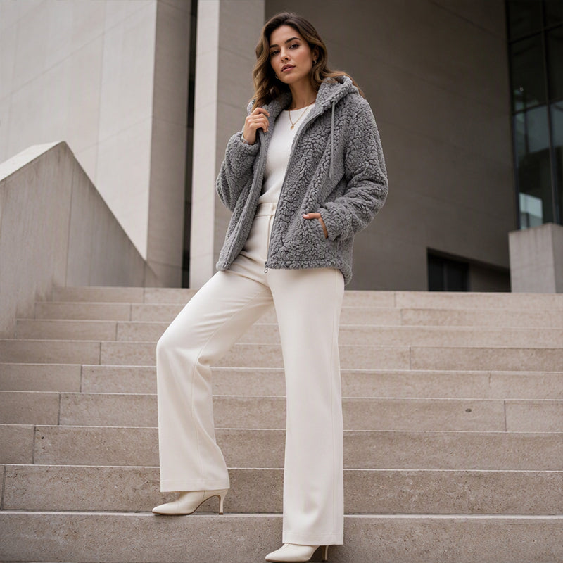 Chaqueta de felpa para mujer con capucha y cremallera